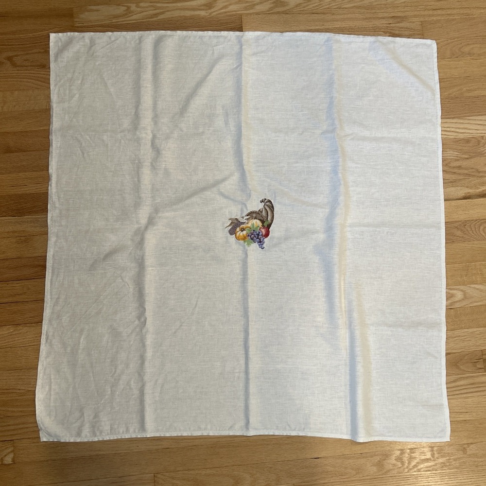 Vintage Linen Tablecloth 42x42 Cornucopia Fruit Harvest Hand Hemstitched Border